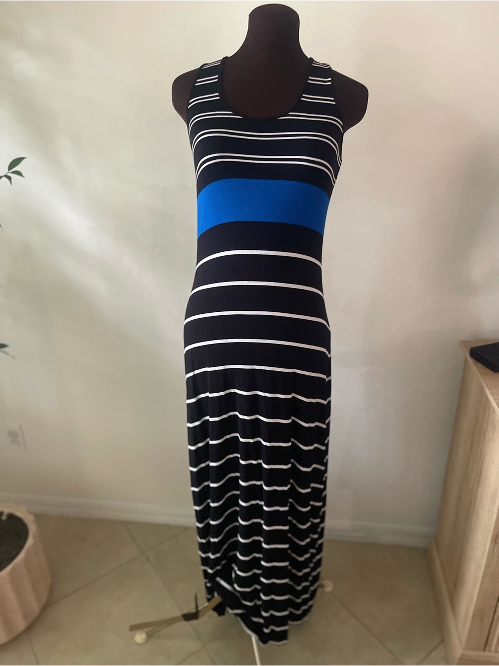 Calvin Klein Black & White Striped Maxi with Bold Blue Waistband medium